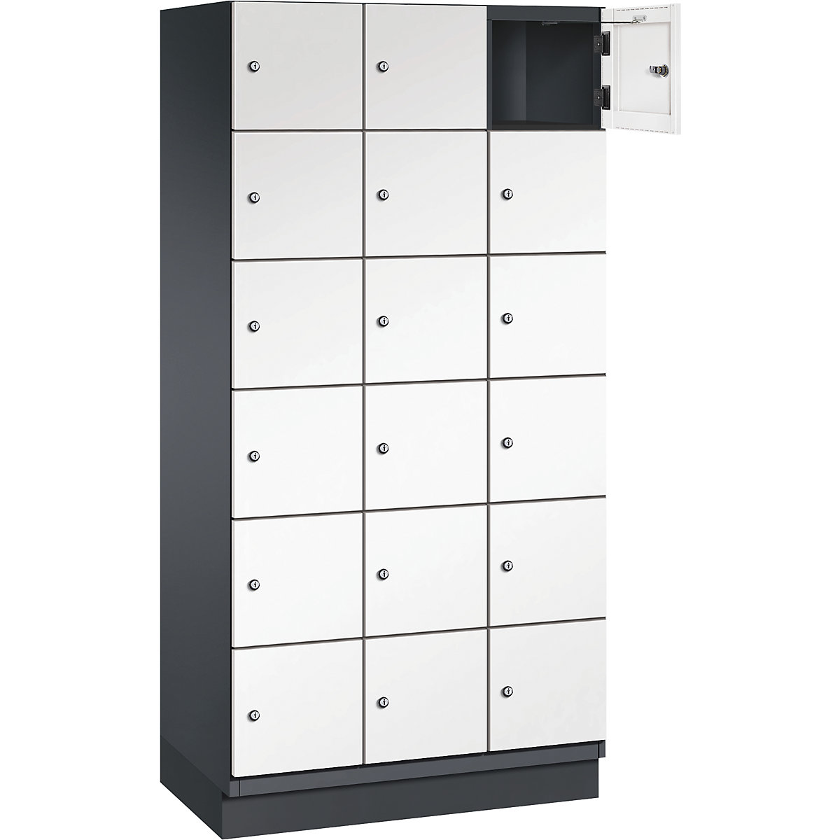 Armário de cacifos com 6 compartimentos Cambio – C+P, 3 compartimentos, preto acinzentado/branco puro, porta em chapa de aço, L 900 mm, 18 compartimentos-3