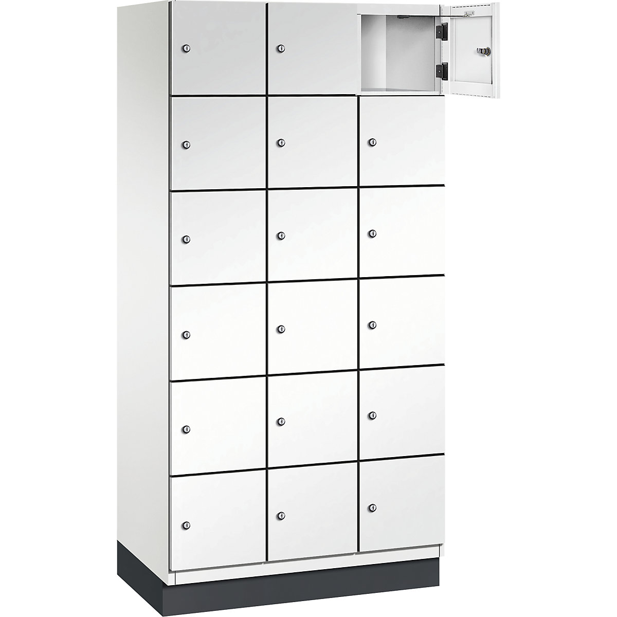 Armário de cacifos com 6 compartimentos Cambio – C+P, 3 compartimentos, branco puro, porta em chapa de aço, L 900 mm, 18 compartimentos-4