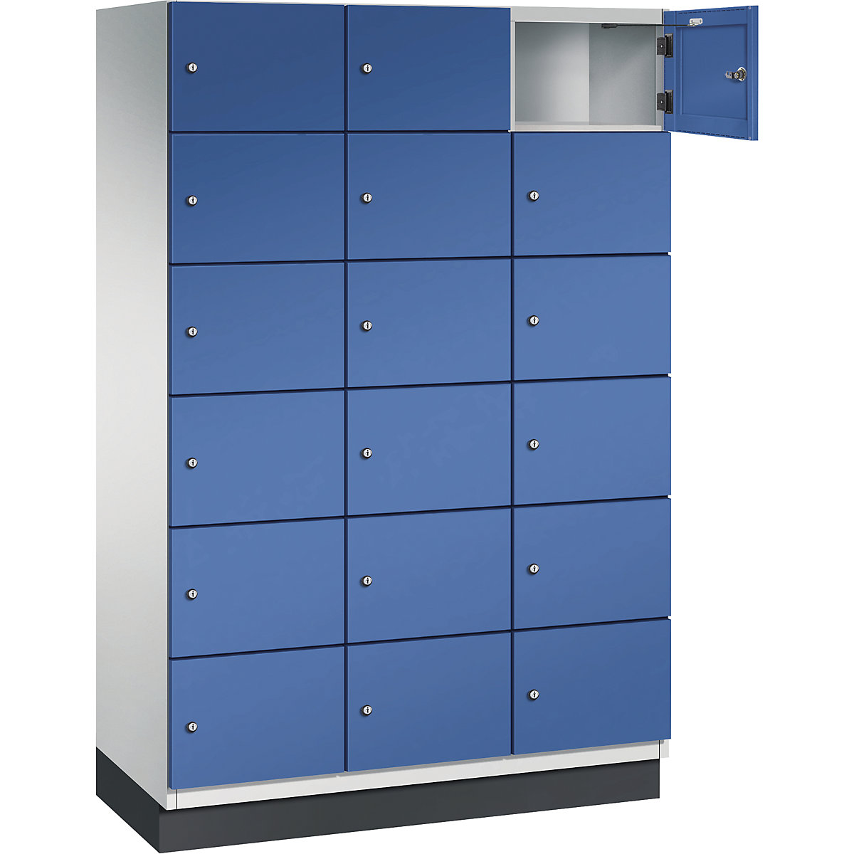 Armário de cacifos com 6 compartimentos Cambio – C+P, 3 compartimentos, cinzento claro/azul genciana, porta em chapa de aço, L 1200 mm, 18 compartimentos-8