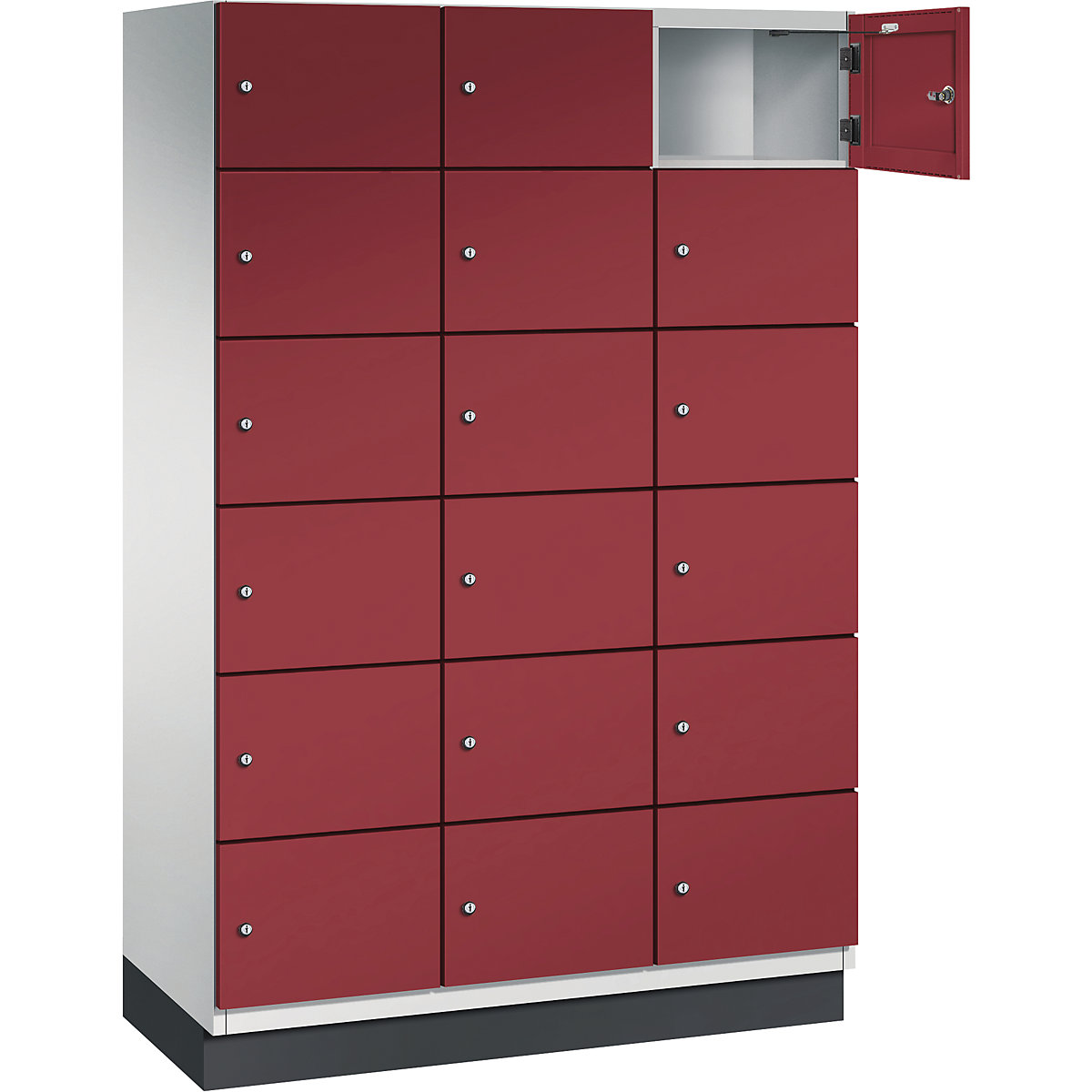 Armário de cacifos com 6 compartimentos Cambio – C+P, 3 compartimentos, cinzento claro/vermelho rubi, porta em chapa de aço, L 1200 mm, 18 compartimentos-13