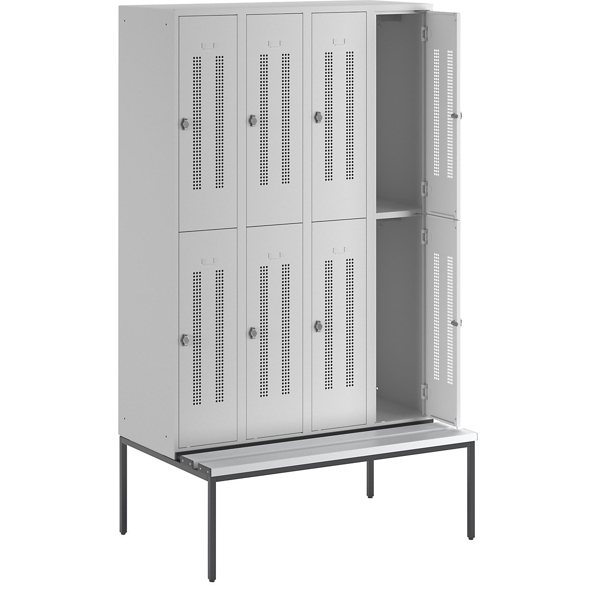 Cacifo de dois andares Berlin 1 com banco – Wolf, 4 compartimentos, cinzento claro, largura 1200 mm, 8 compartimentos-2
