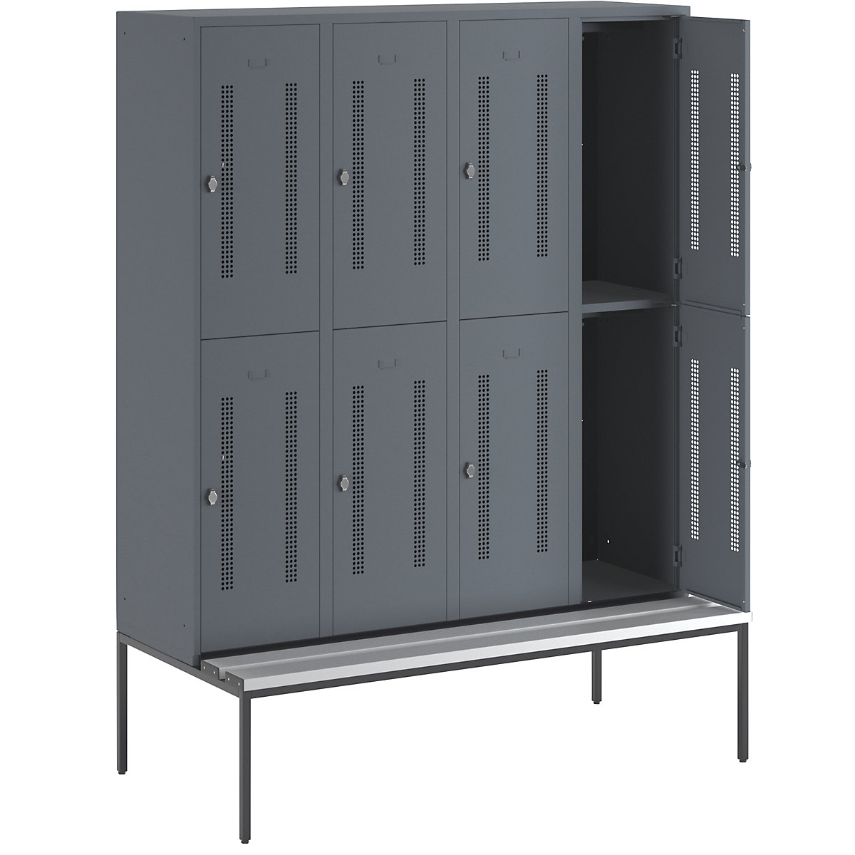 Cacifo de dois andares Berlin 1 com banco – Wolf, 4 compartimentos, cinzento azulado, largura 1600 mm, 8 compartimentos-12