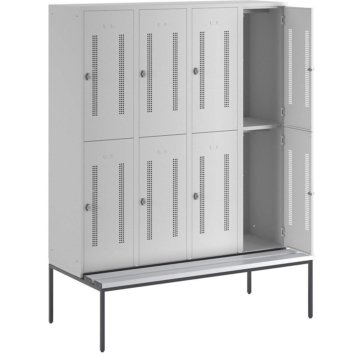 Cacifo de dois andares Berlin 1 com banco – Wolf, 4 compartimentos, cinzento claro, largura 1600 mm, 8 compartimentos-1