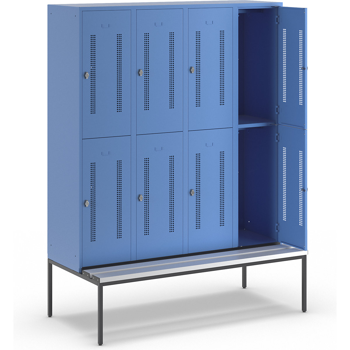 Cacifo de dois andares Berlin 1 com banco – Wolf, 4 compartimentos, azul claro, largura 1600 mm, 8 compartimentos-14