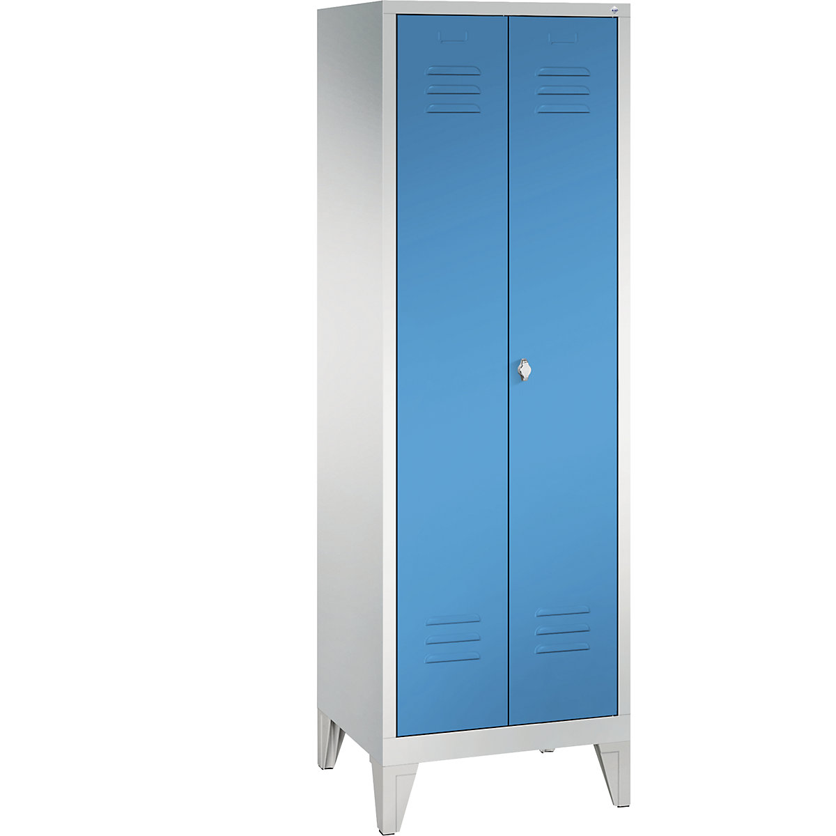 Armário de armazenamento CLASSIC com pés, portas que fecham na direção uma da outra – C+P, 1 compartimento, largura do compartimento 600 mm, cinzento claro/azul claro-6