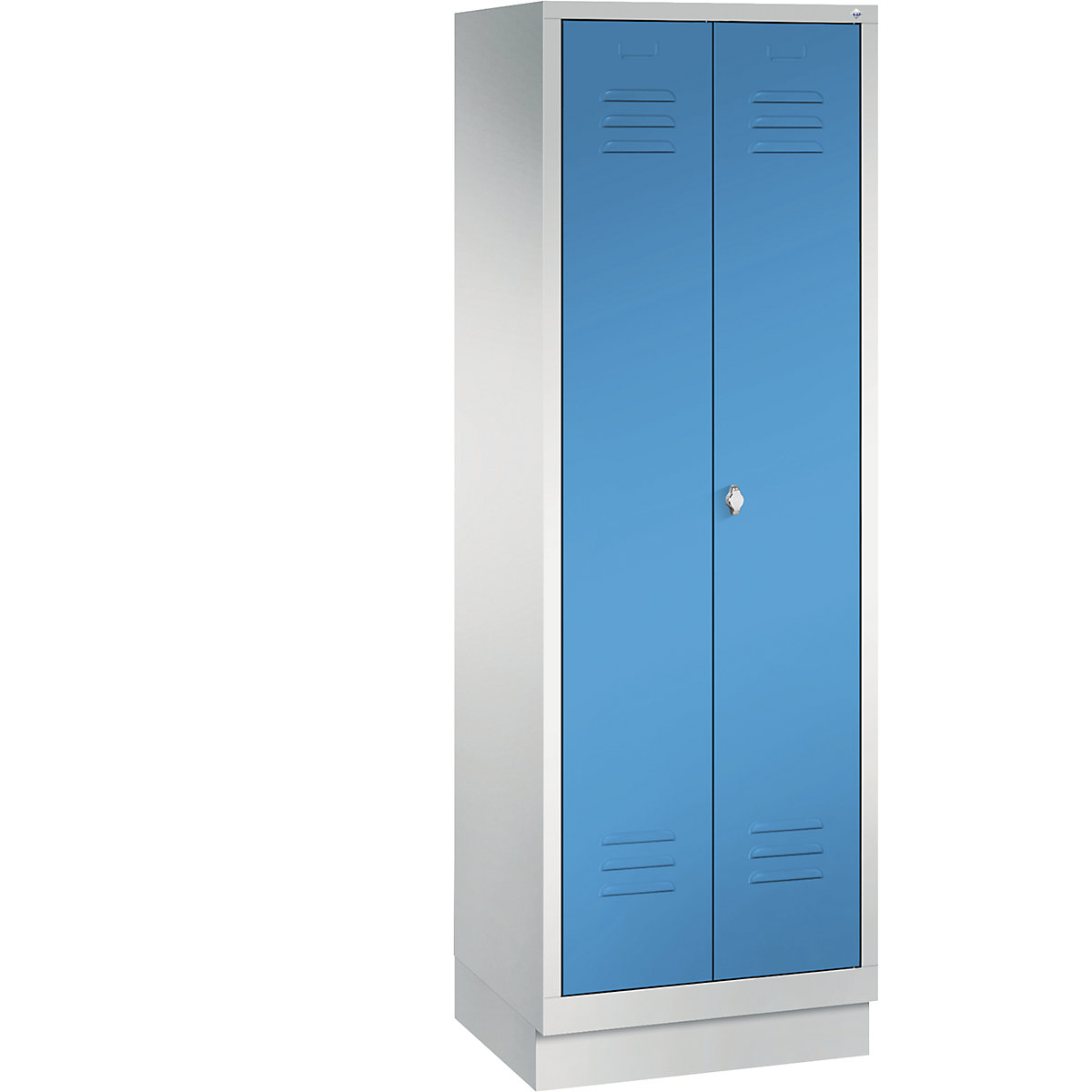 Armário de armazenamento CLASSIC com rodapé, portas que fecham na direção uma da outra – C+P, 2 compartimentos, largura do compartimento 300 mm, cinzento claro/azul claro-6
