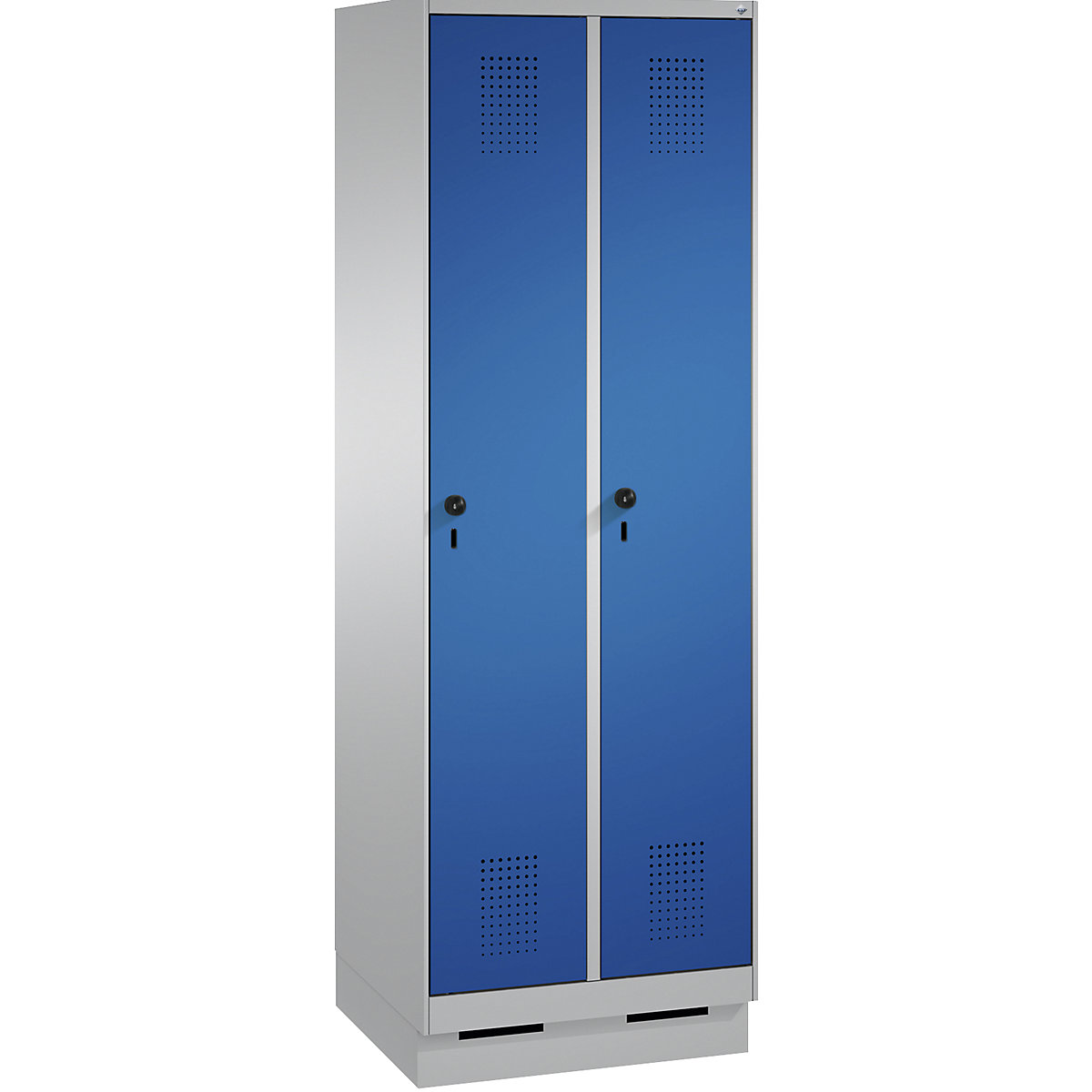 Armário de armazenamento EVOLO, com rodapé – C+P, 2 compartimentos, largura do compartimento 300 mm, com 8 prateleiras, cinza alumínio / azul genciana-12