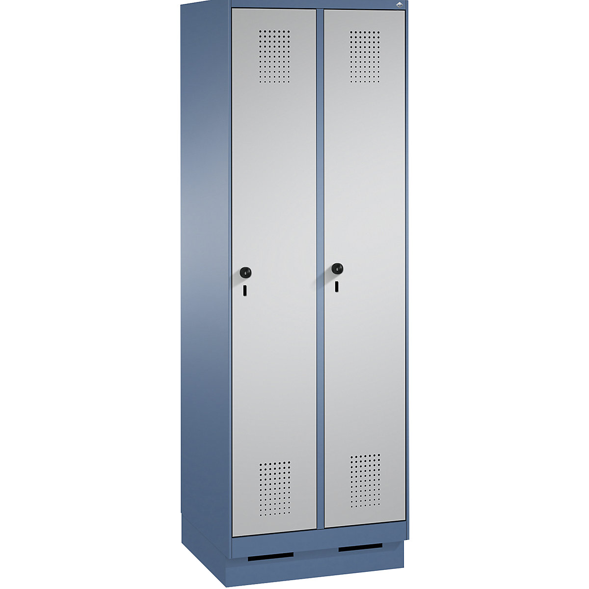 Armário de armazenamento EVOLO, com rodapé – C+P, 2 compartimentos, largura do compartimento 300 mm, com 8 prateleiras, azul distante / cinza alumínio-3