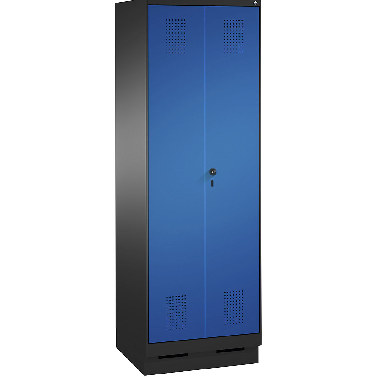 Armário de armazenamento EVOLO, portas que fecham na direção uma da outra, com rodapé – C+P, 2 compartimentos, largura do compartimento 300 mm, com 8 prateleiras, preto acinzentado / azul genciana-11