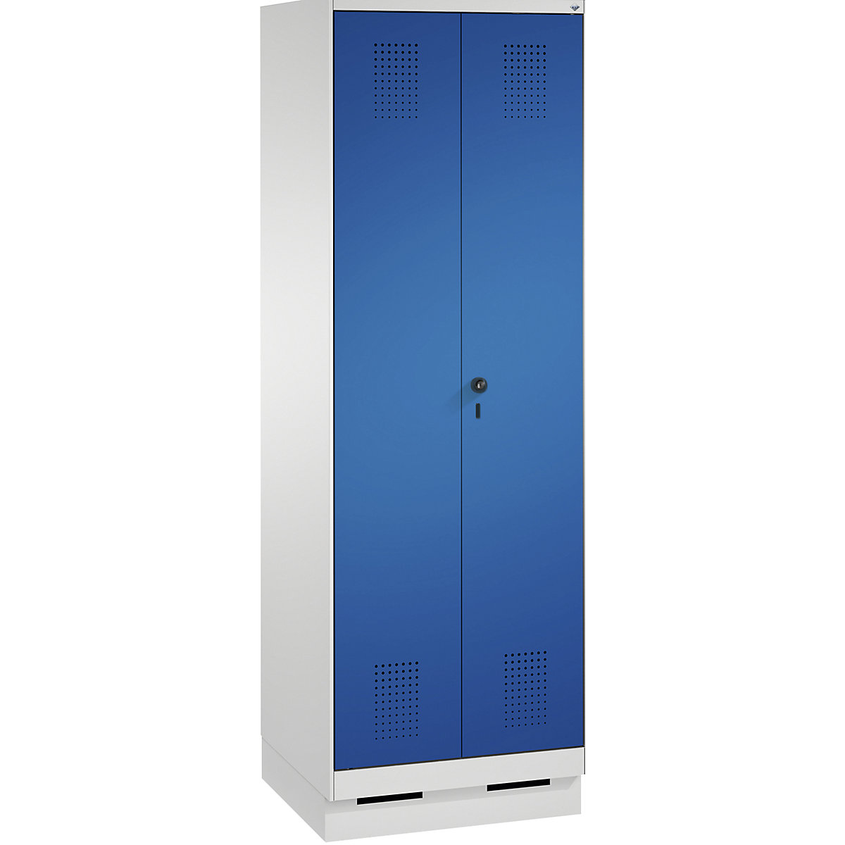 Armário de armazenamento EVOLO, portas que fecham na direção uma da outra, com rodapé – C+P, 2 compartimentos, largura do compartimento 300 mm, com 8 prateleiras, cinzento claro / azul genciana-2