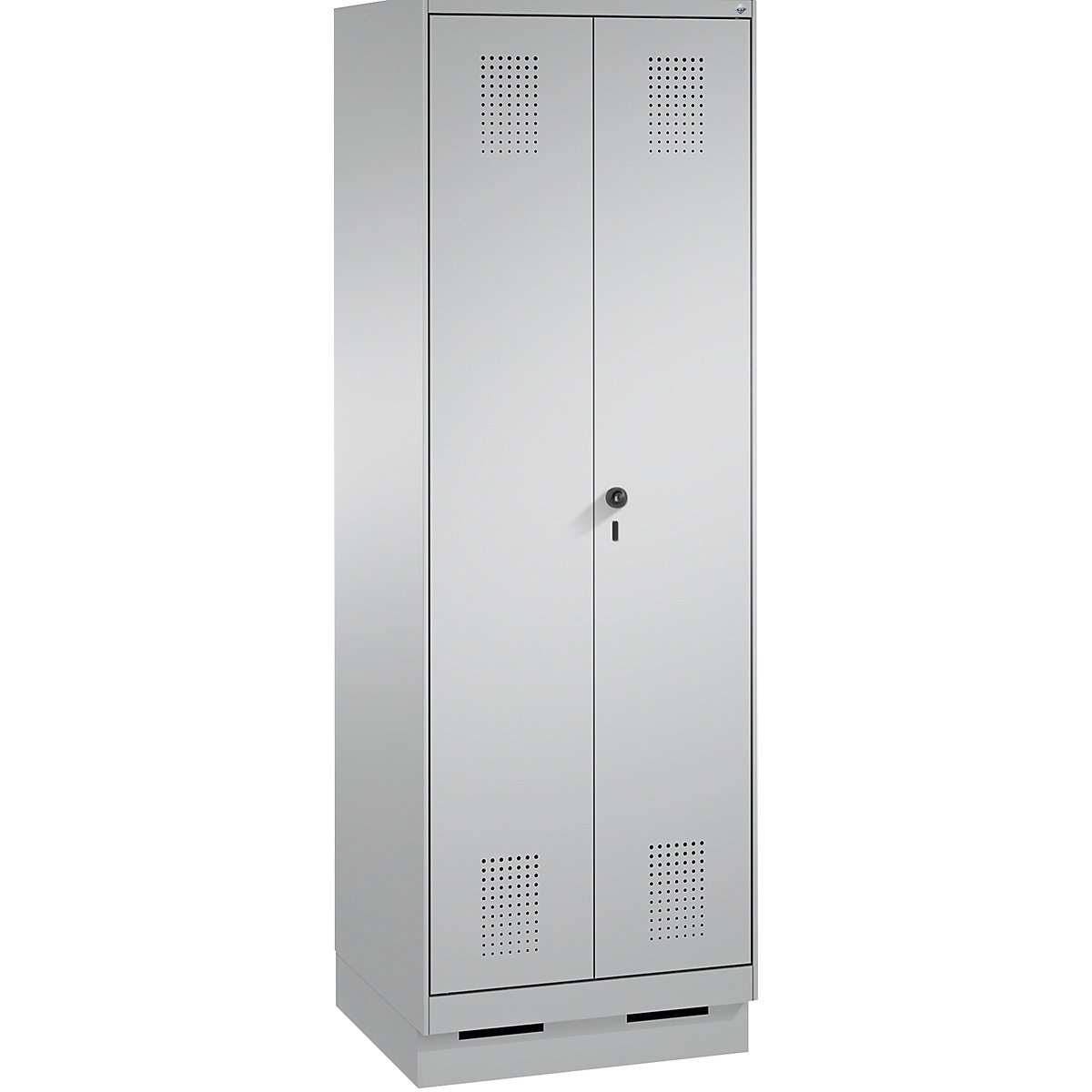 Armário de armazenamento EVOLO, portas que fecham na direção uma da outra, com rodapé – C+P, 1 compartimento, largura 600 mm, com 4 prateleiras, cinza alumínio / cinza alumínio-2