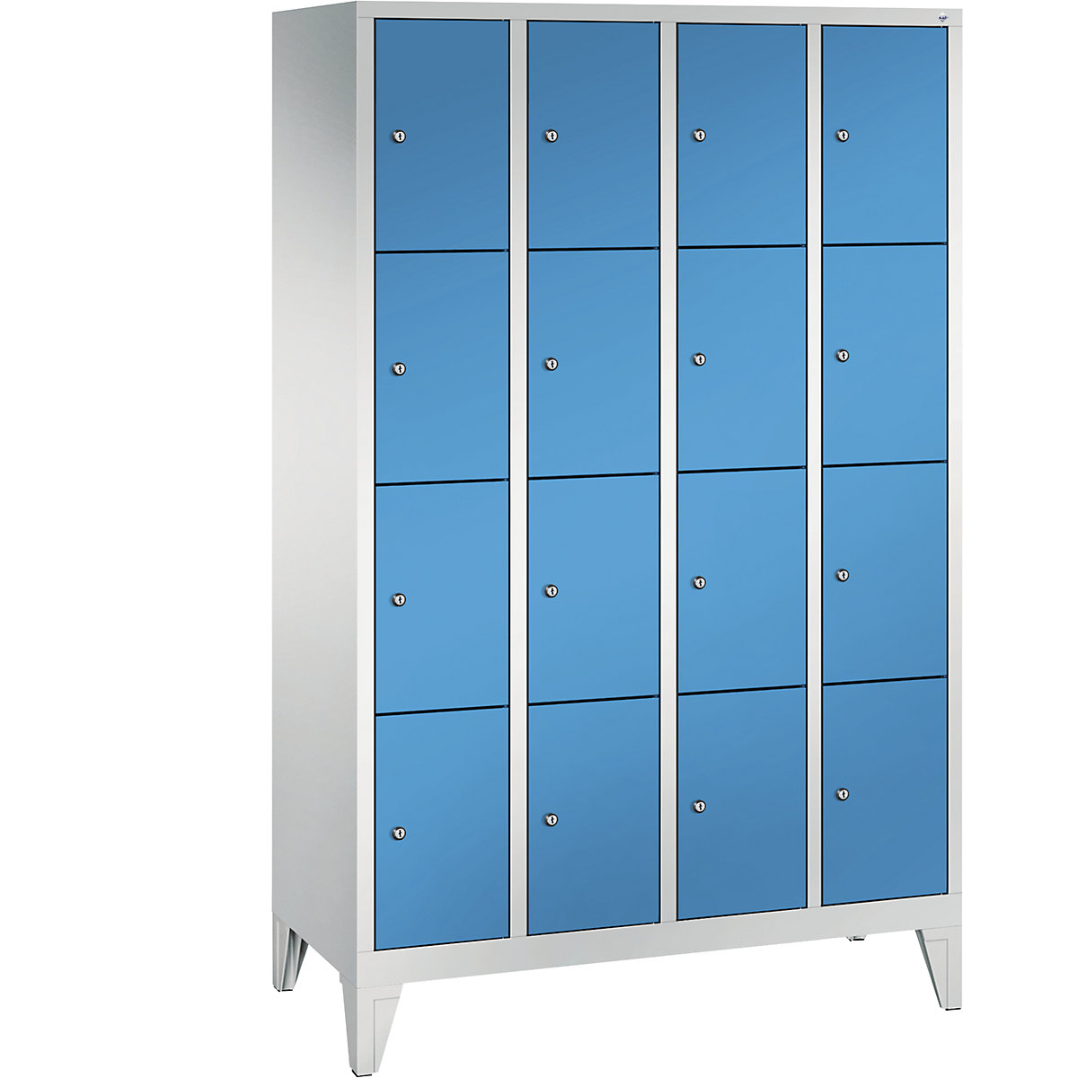 Armário de cacifos CLASSIC com pés – C+P, 4 compartimentos, 4 cacifos cada, largura do compartimento 300 mm, cinzento claro/azul claro-11