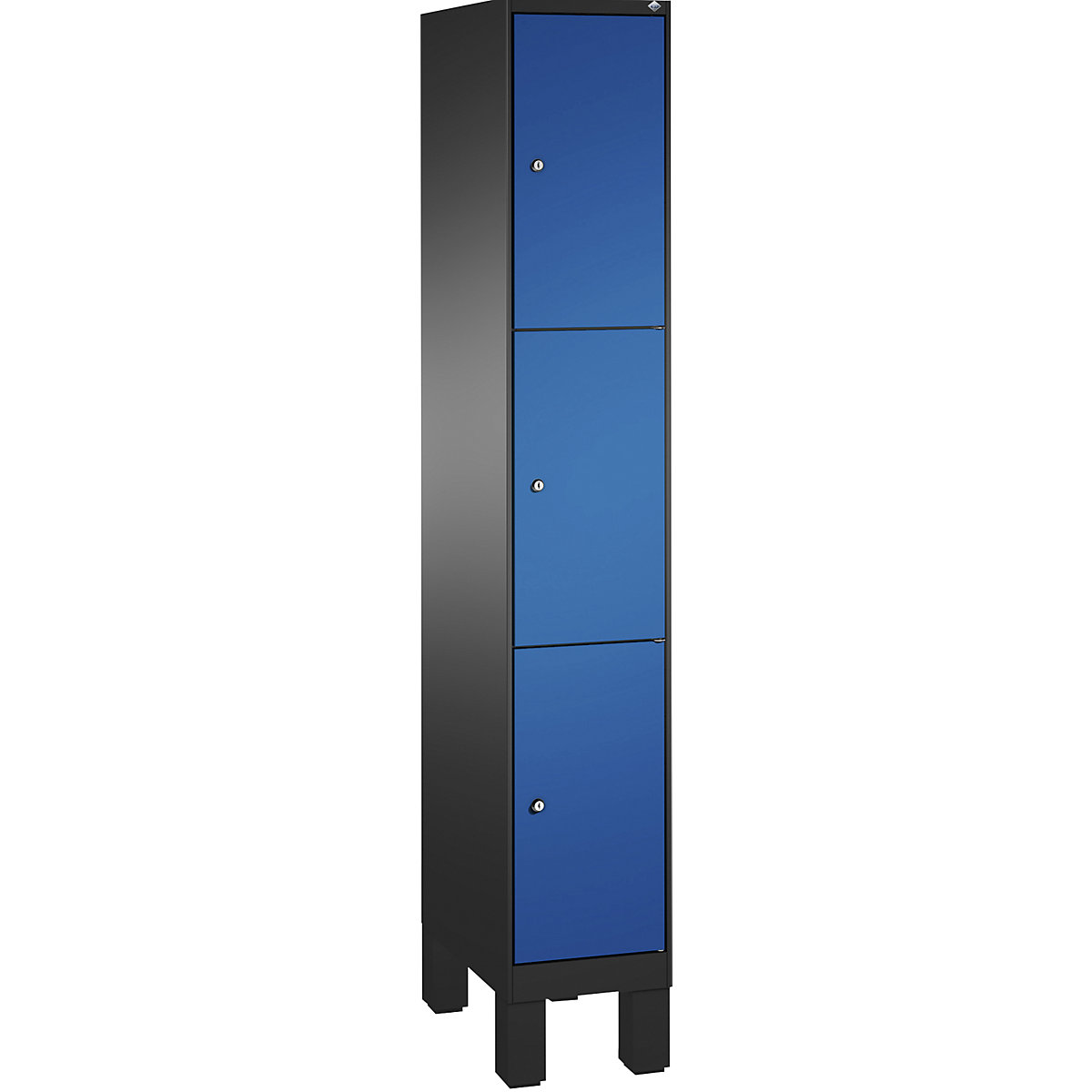 Armário de cacifos EVOLO, com pés – C+P, 1 compartimento, 3 cacifos, largura do compartimento 300 mm, preto acinzentado / azul genciana-17