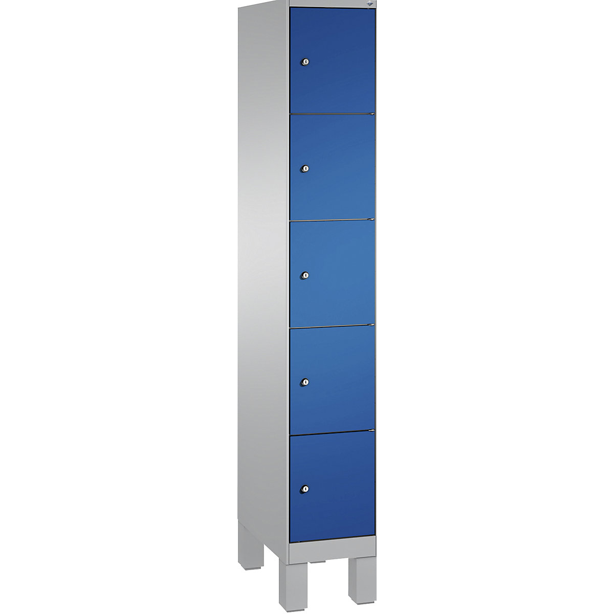 Armário de cacifos EVOLO, com pés – C+P, 1 compartimento, 5 cacifos, largura do compartimento 300 mm, cinza alumínio / azul genciana-5