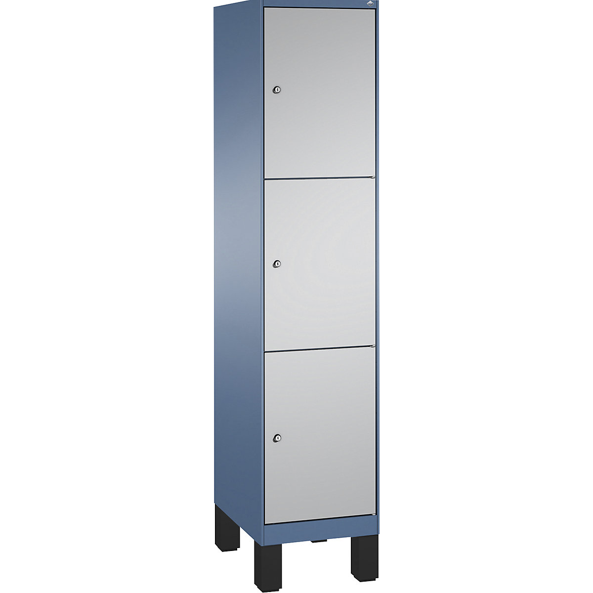 Armário de cacifos EVOLO, com pés – C+P, 1 compartimento, 3 cacifos, largura do compartimento 400 mm, azul distante / cinza alumínio-5