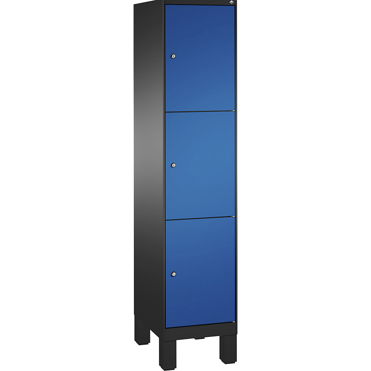 Armário de cacifos EVOLO, com pés – C+P, 1 compartimento, 3 cacifos, largura do compartimento 400 mm, preto acinzentado / azul genciana-7