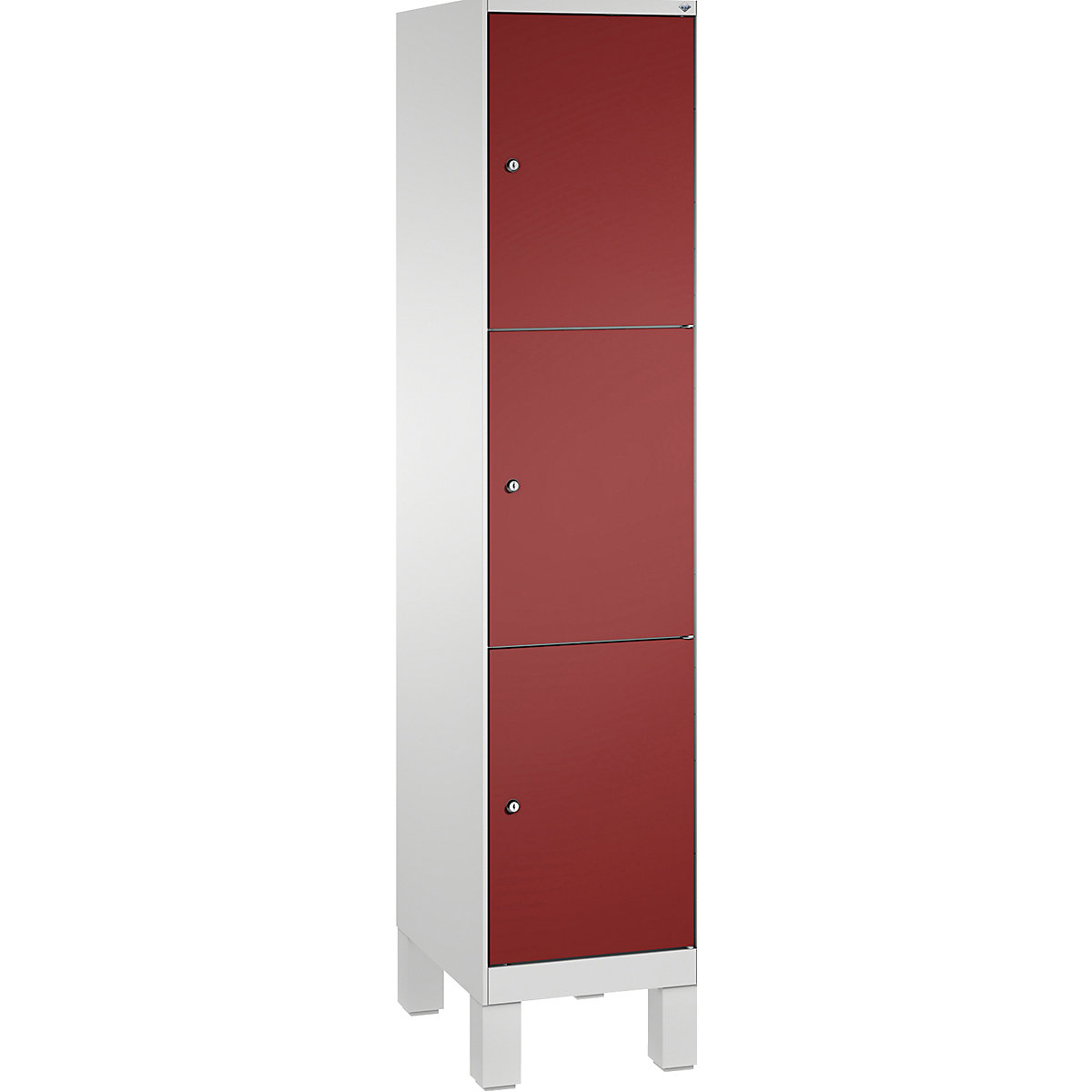 Armário de cacifos EVOLO, com pés – C+P, 1 compartimento, 3 cacifos, largura do compartimento 400 mm, cinzento claro / vermelho rubi-3