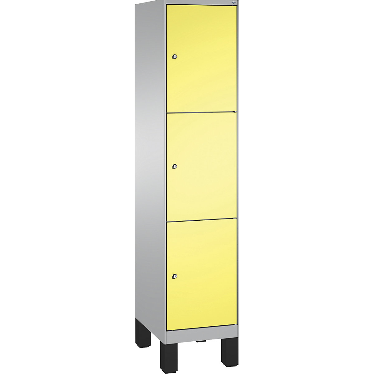 Armário de cacifos EVOLO, com pés – C+P, 1 compartimento, 3 cacifos, largura do compartimento 400 mm, cinza alumínio / amarelo enxofre-10
