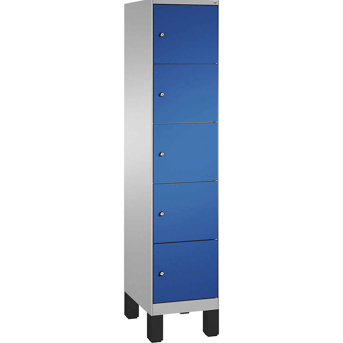 Armário de cacifos EVOLO, com pés – C+P, 1 compartimento, 5 cacifos, largura do compartimento 400 mm, cinza alumínio / azul genciana-13