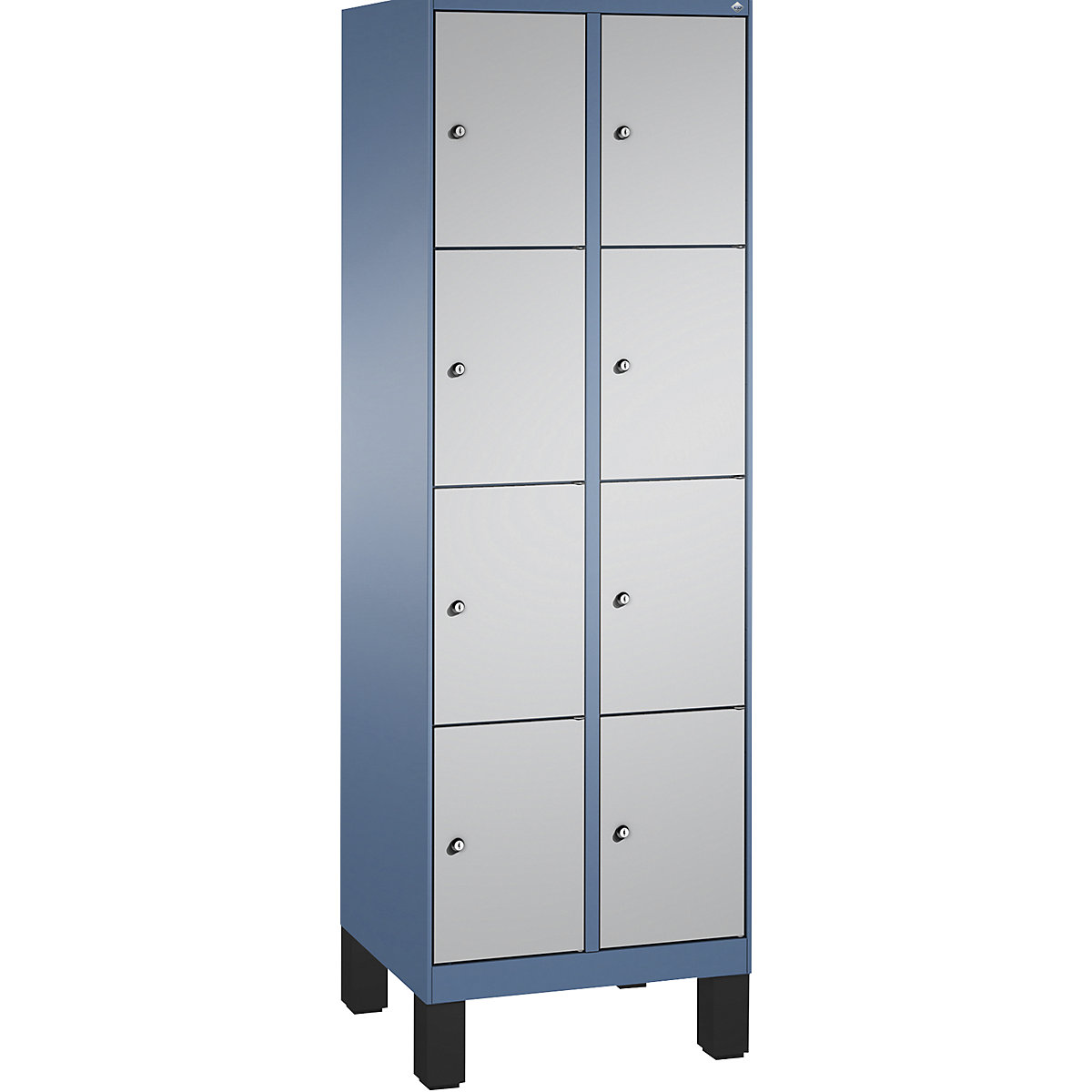 Armário de cacifos EVOLO, com pés – C+P, 2 compartimentos, 4 cacifos cada, largura do compartimento 300 mm, azul distante / cinza alumínio-8