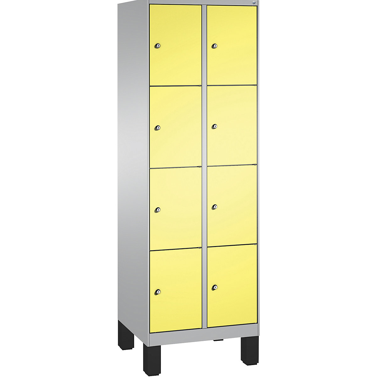 Armário de cacifos EVOLO, com pés – C+P, 2 compartimentos, 4 cacifos cada, largura do compartimento 300 mm, cinza alumínio / amarelo enxofre-12