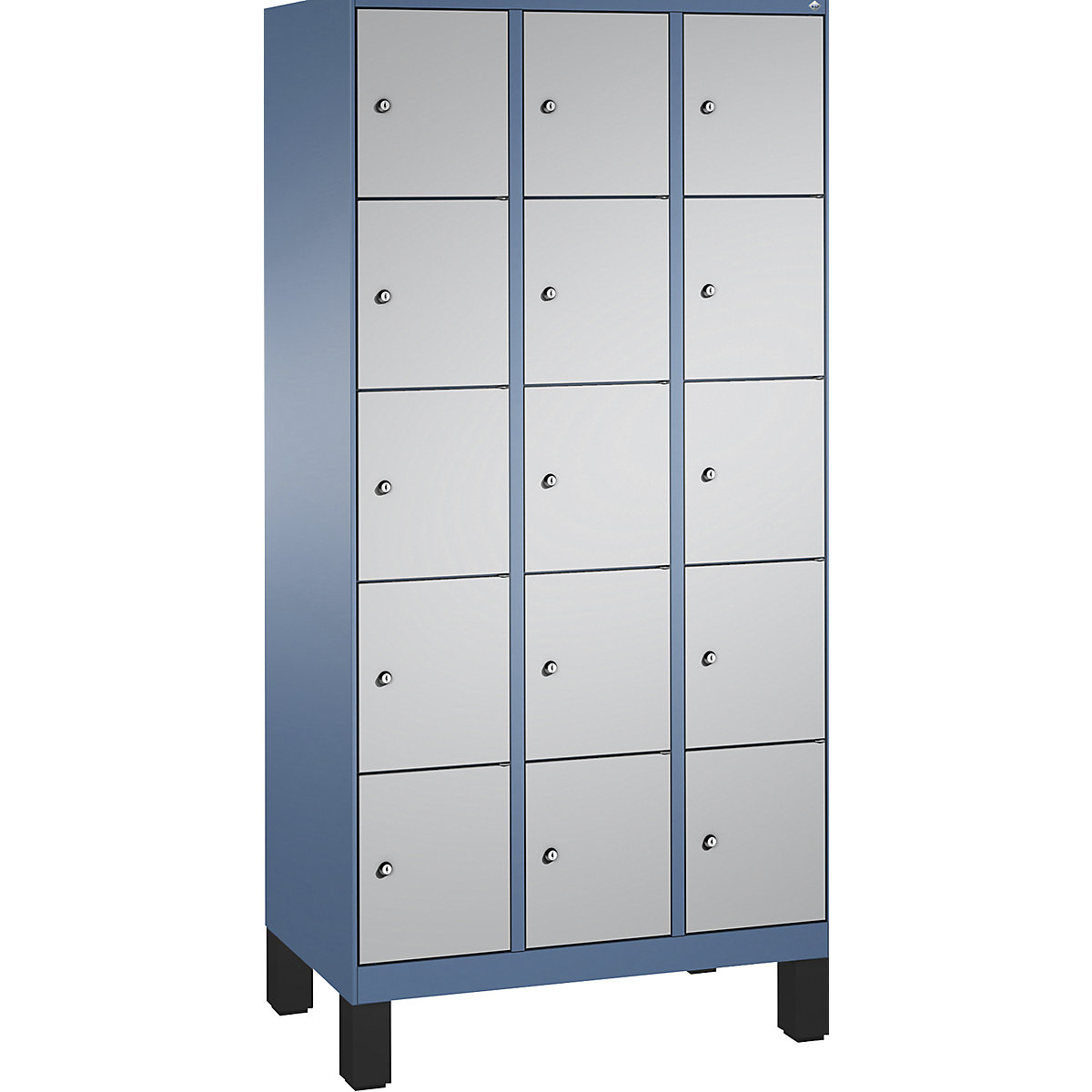 Armário de cacifos EVOLO, com pés – C+P, 3 compartimentos, 5 cacifos cada, largura do compartimento 300 mm, azul distante / cinza alumínio-13