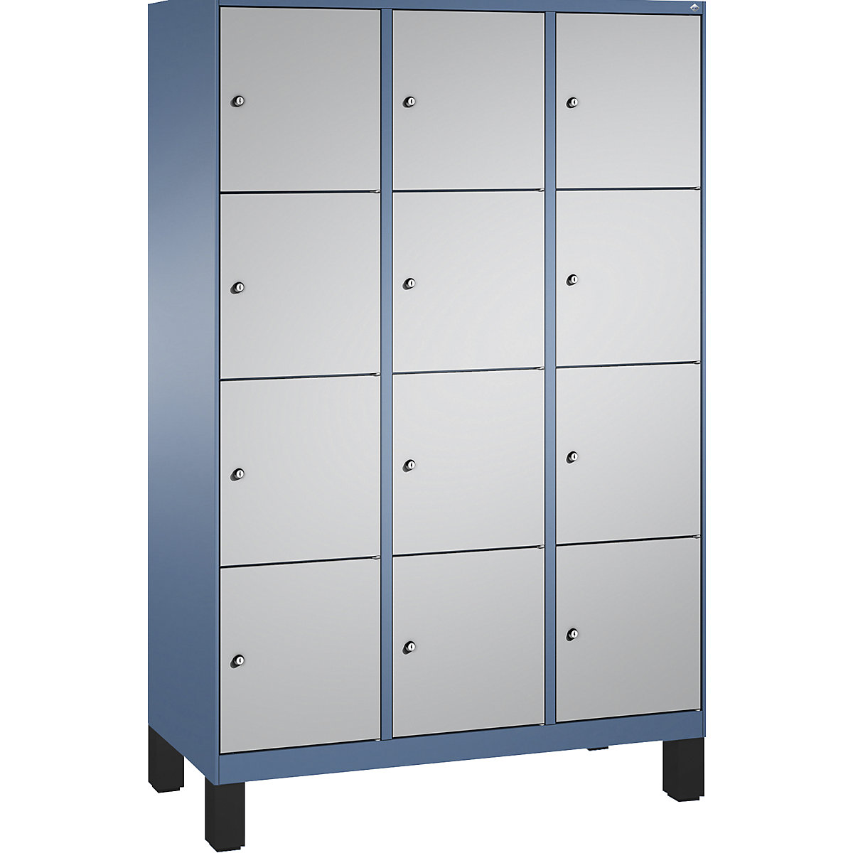 Armário de cacifos EVOLO, com pés – C+P, 3 compartimentos, 4 cacifos cada, largura do compartimento 400 mm, azul distante / cinza alumínio-8
