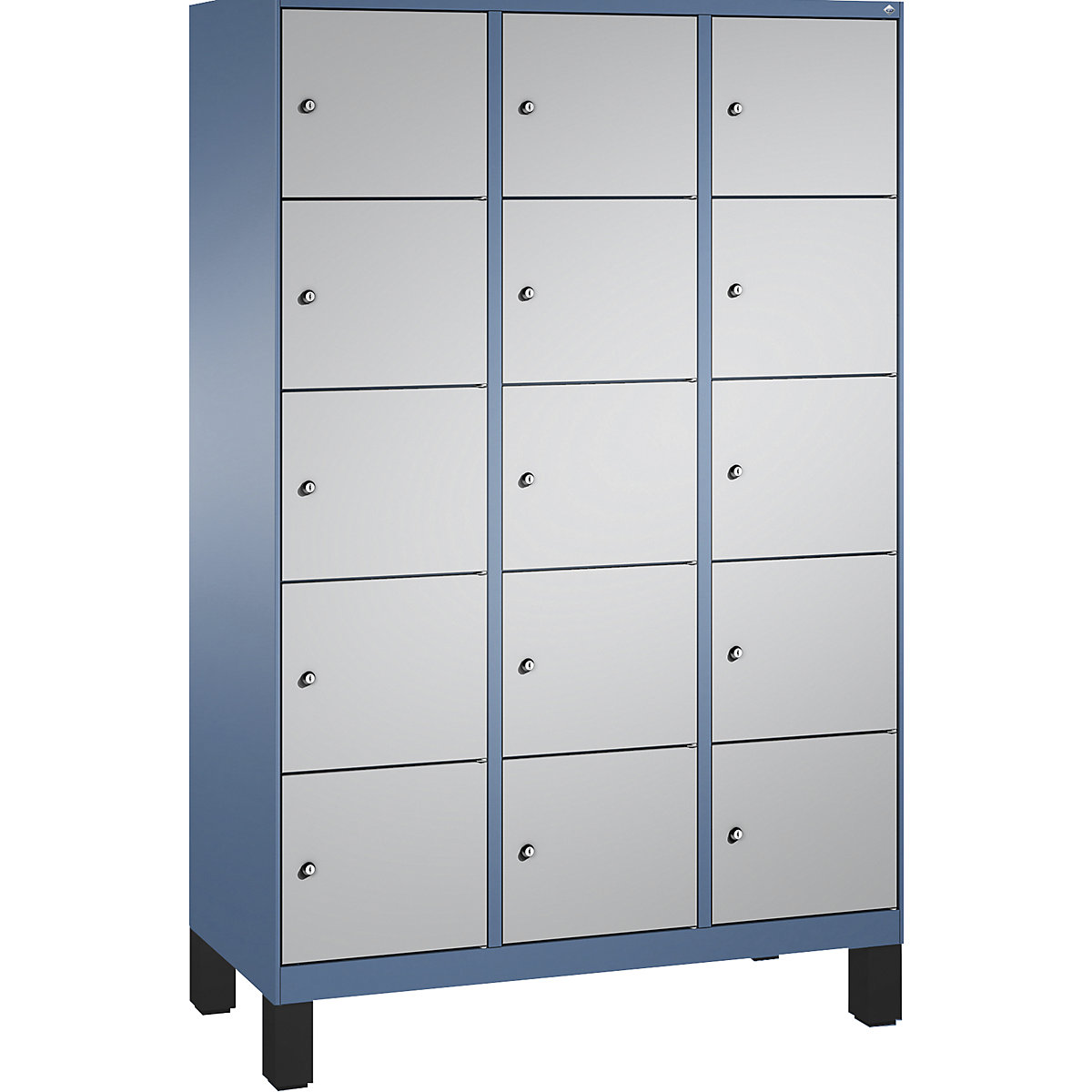Armário de cacifos EVOLO, com pés – C+P, 3 compartimentos, 5 cacifos cada, largura do compartimento 400 mm, azul distante / cinza alumínio-6