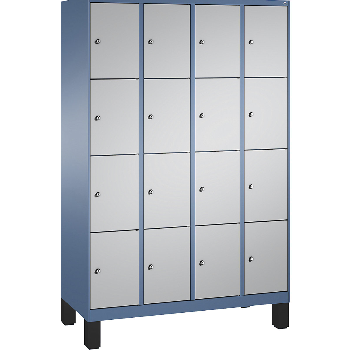 Armário de cacifos EVOLO, com pés – C+P, 4 compartimentos, 4 cacifos cada, largura do compartimento 300 mm, azul distante / cinza alumínio-14