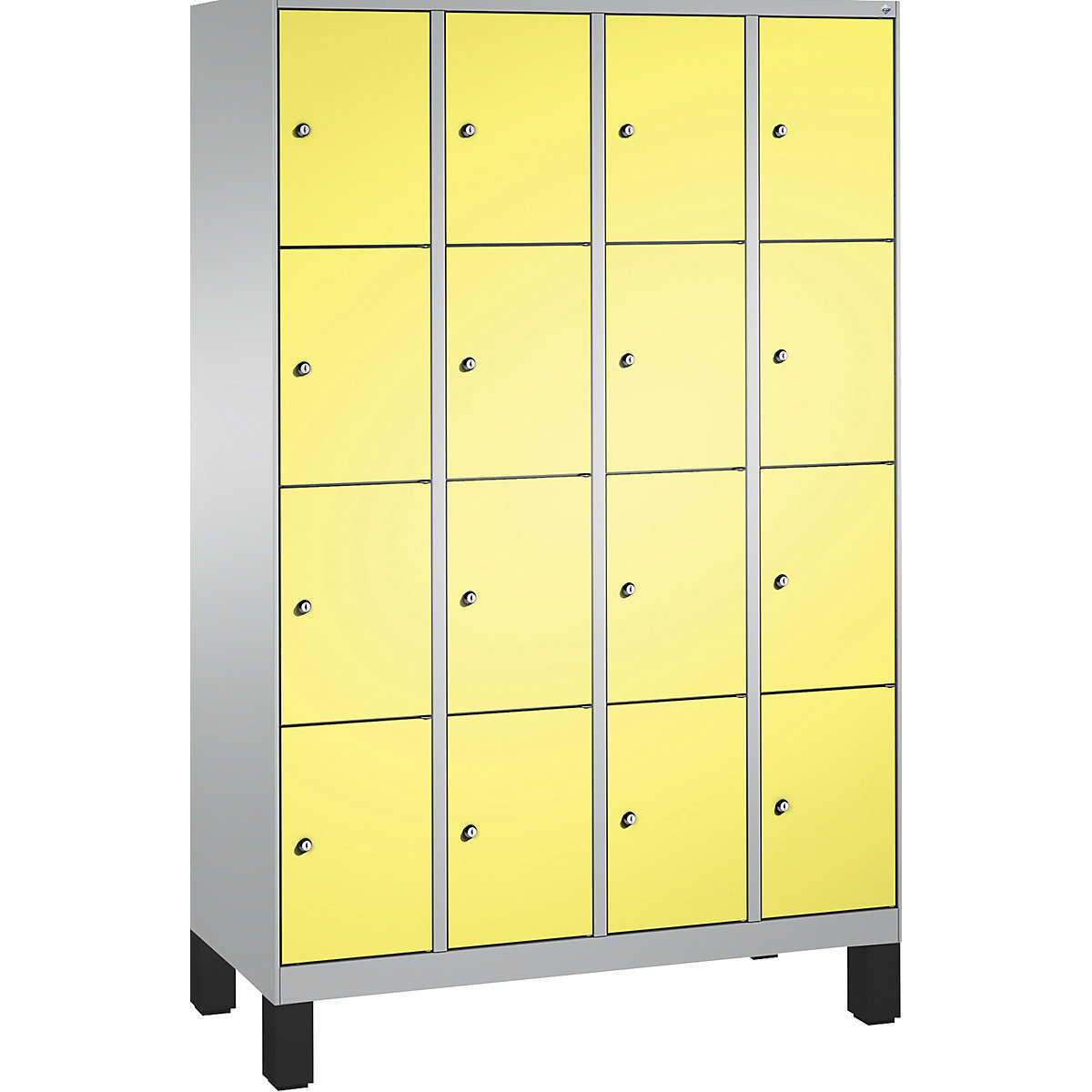 Armário de cacifos EVOLO, com pés – C+P, 4 compartimentos, 4 cacifos cada, largura do compartimento 300 mm, cinza alumínio / amarelo enxofre-9