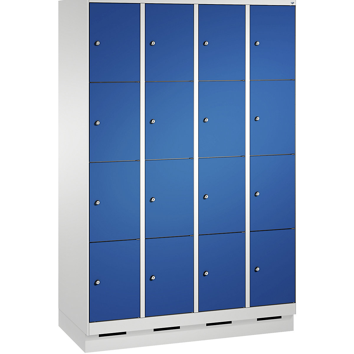 Armário de cacifos EVOLO, com rodapé – C+P, 4 compartimentos, 4 cacifos cada, largura do compartimento 300 mm, cinzento claro / azul genciana-15