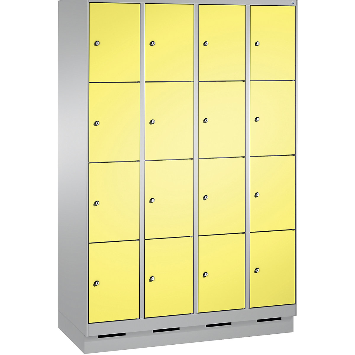 Armário de cacifos EVOLO, com rodapé – C+P, 4 compartimentos, 4 cacifos cada, largura do compartimento 300 mm, cinza alumínio / amarelo enxofre-4