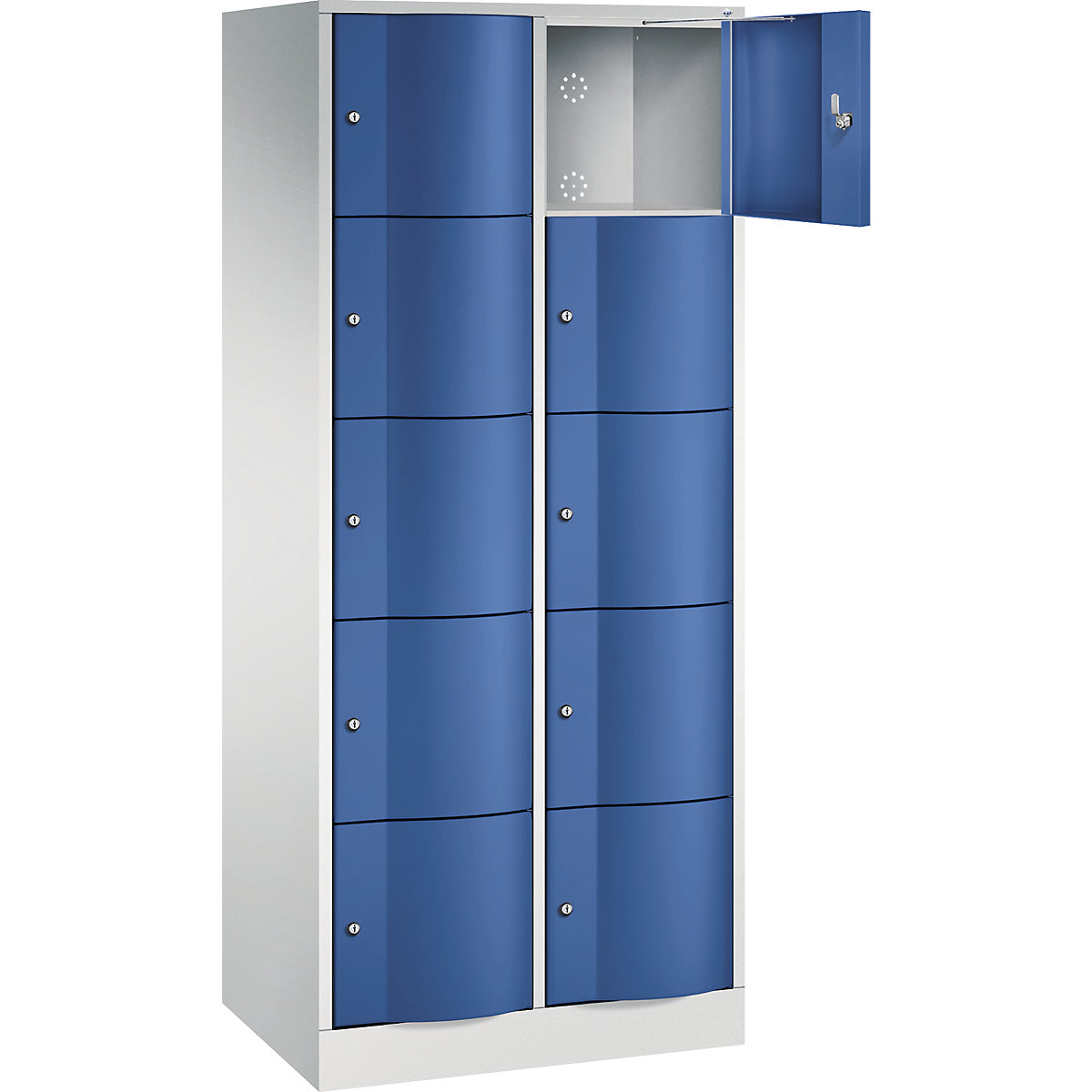 Armário de cacifos RESISTO – C+P, AxLxP 1950 x 770 x 540, 10 compartimentos, cinzento claro RAL 7035 / azul genciana RAL 5010-8
