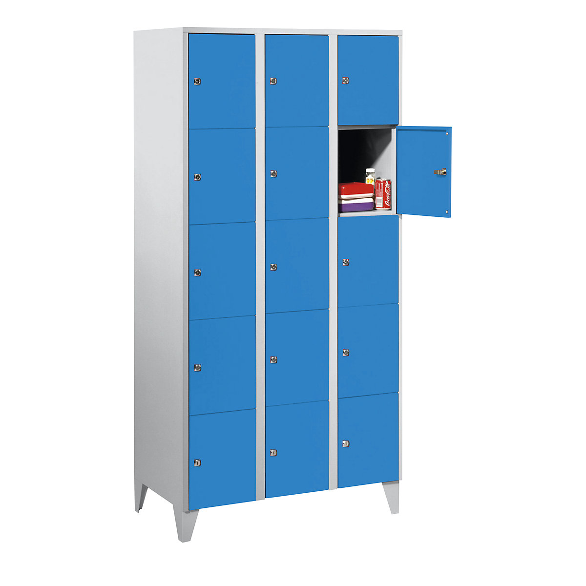 Armário de cacifos – Wolf, com pés, 15 compartimentos, 300 mm, cinzento claro / azul claro
