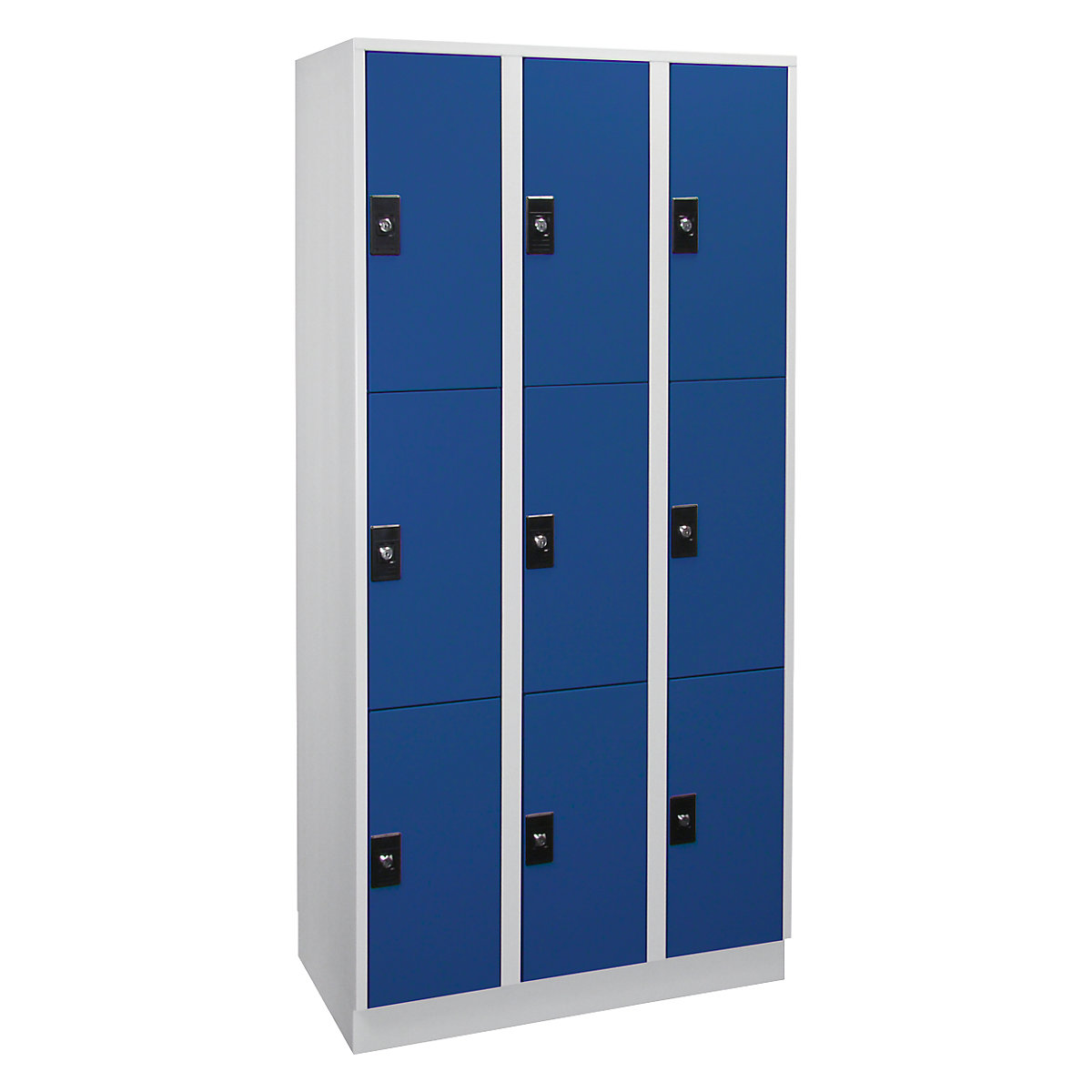 Armário de cacifos – Wolf, 3 compartimentos, 3 cacifos cada, cinzento claro / azul genciana-9