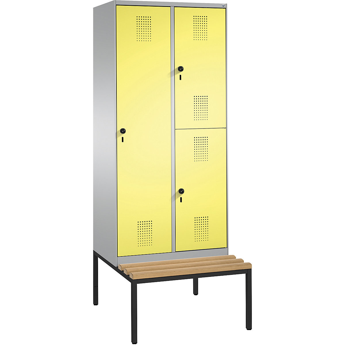Armário de combinação EVOLO, de um e dois andares, com banco – C+P, 2 compartimentos, 3 portas, largura do compartimento 400 mm, cinza alumínio / amarelo enxofre-7