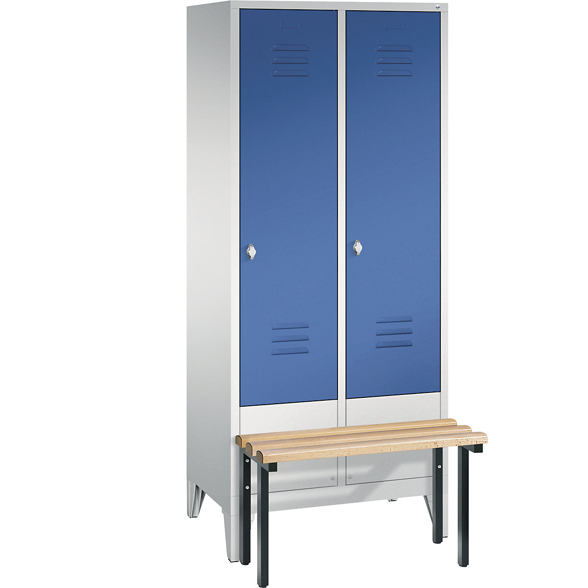 Armário de vestiário CLASSIC com banco frontal – C+P, 2 compartimentos, largura do compartimento 400 mm, cinzento claro/azul genciana-7