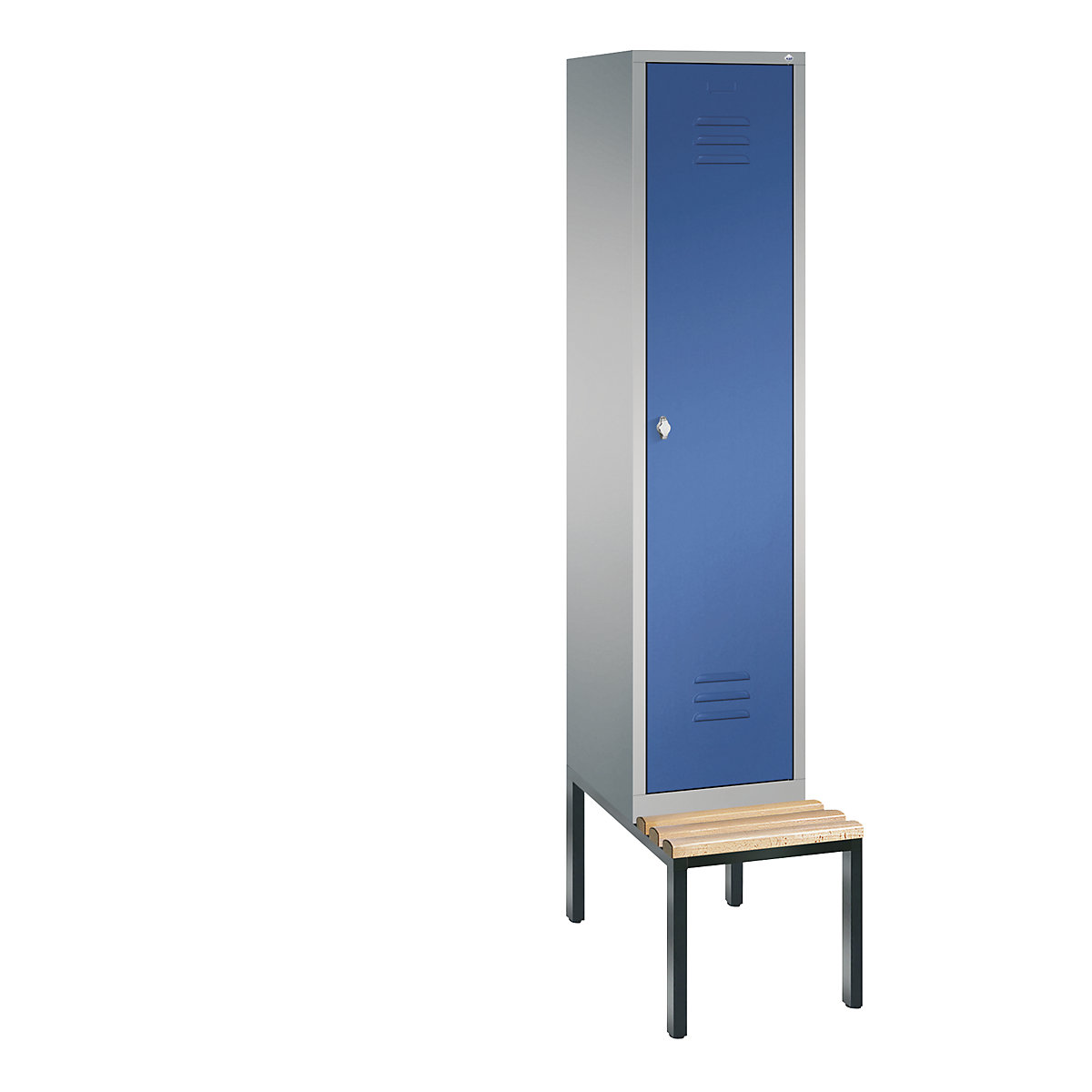 Armário de vestiário CLASSIC com banco integrado – C+P, 1 compartimento, largura do compartimento 400 mm, cinza alumínio/azul genciana-10
