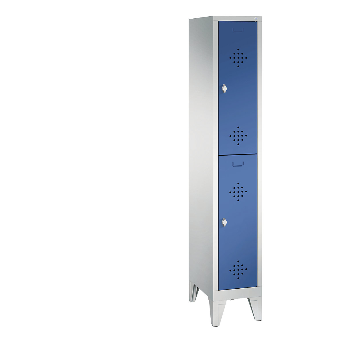 Armário de vestiário CLASSIC com pés, de dois andares – C+P, 1 compartimento, 2 cacifos cada, largura do compartimento 300 mm, cinzento claro/azul genciana-4