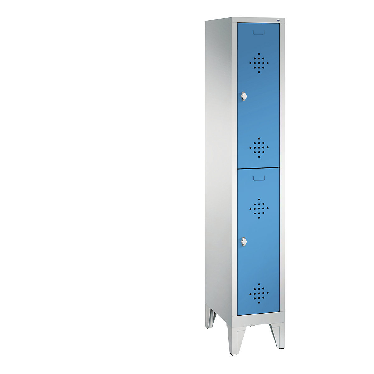C+P – Armário de vestiário CLASSIC com pés, de dois andares, 1 compartimento, 2 cacifos cada, largura do compartimento 300 mm, cinzento claro/azul claro