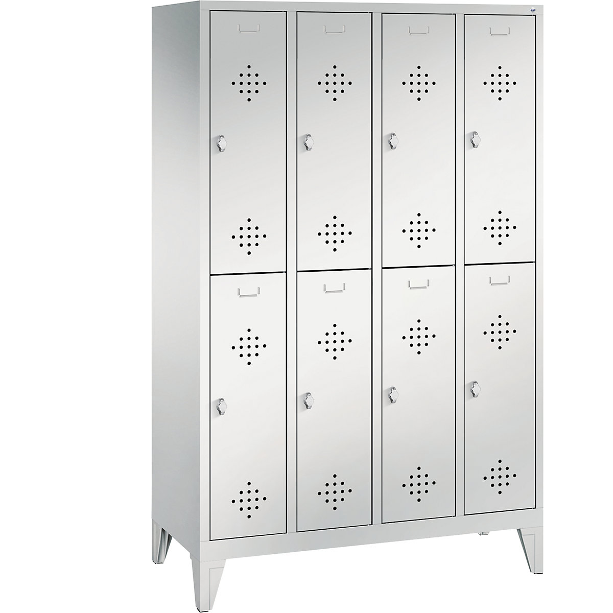 C+P – Armário de vestiário CLASSIC com pés, de dois andares, 4 compartimentos, 2 cacifos cada, largura do compartimento 300 mm, cinzento claro