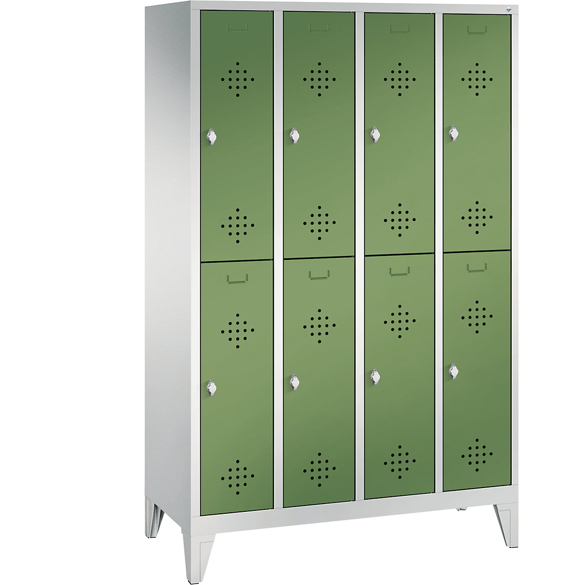 C+P – Armário de vestiário CLASSIC com pés, de dois andares, 4 compartimentos, 2 cacifos cada, largura do compartimento 300 mm, cinzento claro/verde reseda