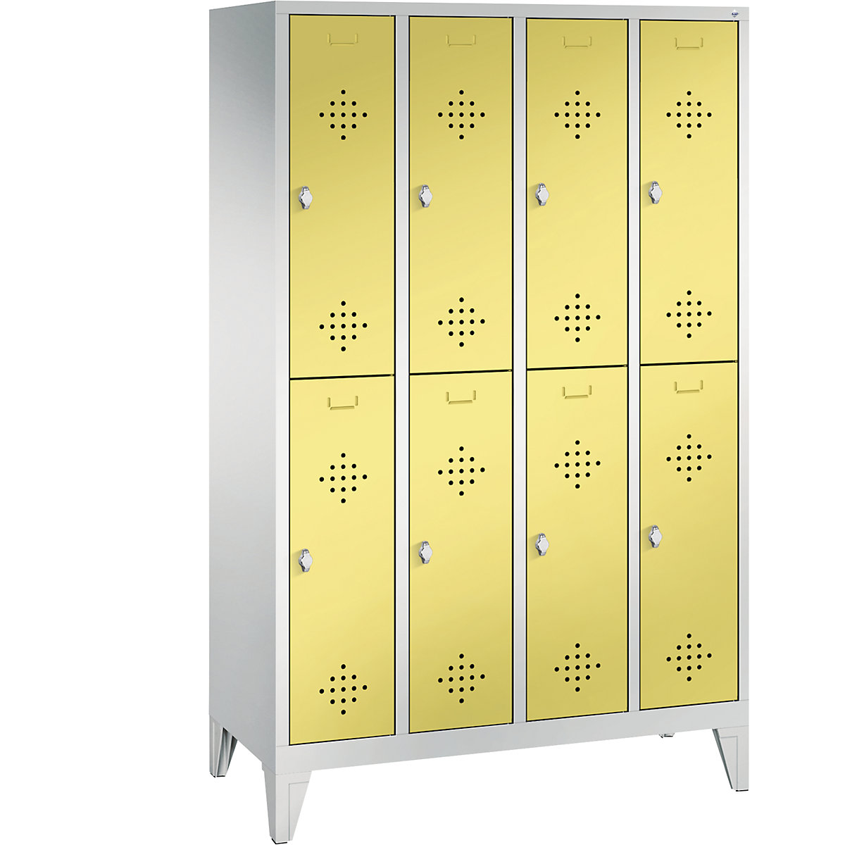 C+P – Armário de vestiário CLASSIC com pés, de dois andares, 4 compartimentos, 2 cacifos cada, largura do compartimento 300 mm, cinzento claro/amarelo enxofre