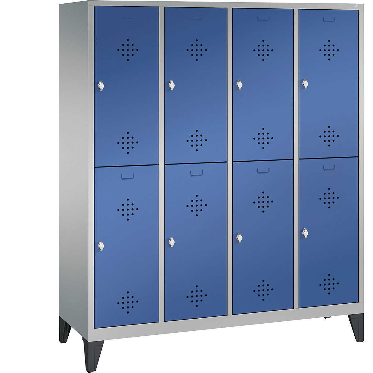 C+P – Armário de vestiário CLASSIC com pés, de dois andares, 4 compartimentos, 2 cacifos cada, largura do compartimento 400 mm, cinza alumínio/azul genciana