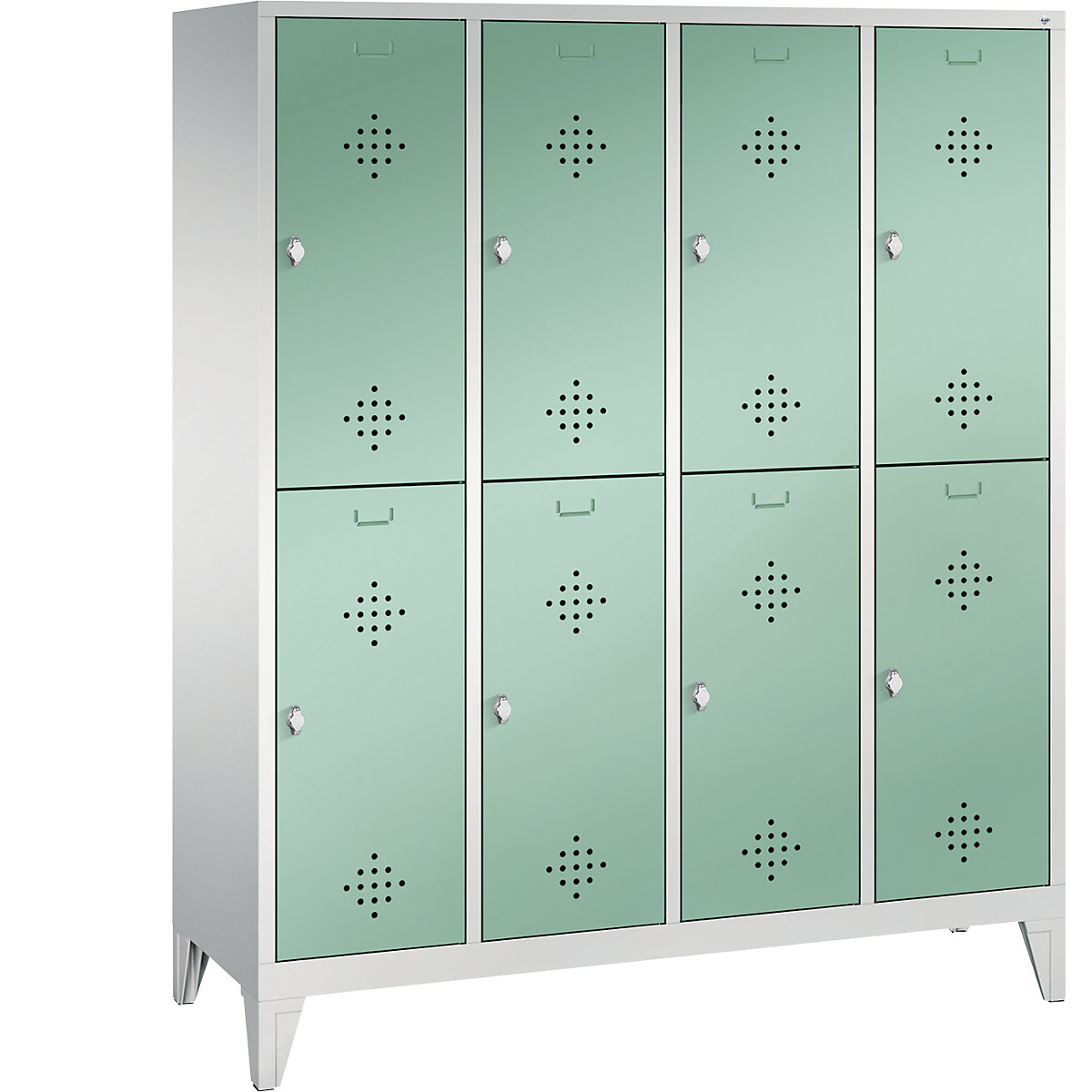 C+P – Armário de vestiário CLASSIC com pés, de dois andares, 4 compartimentos, 2 cacifos cada, largura do compartimento 400 mm, cinzento claro/verde claro