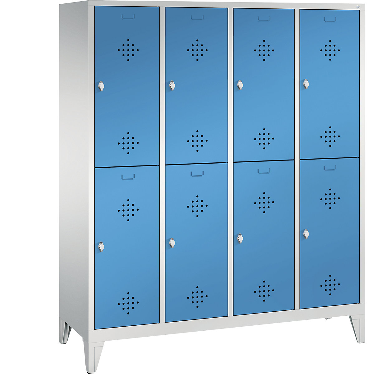 Armário de vestiário CLASSIC com pés, de dois andares – C+P, 4 compartimentos, 2 cacifos cada, largura do compartimento 400 mm, cinzento claro/azul claro