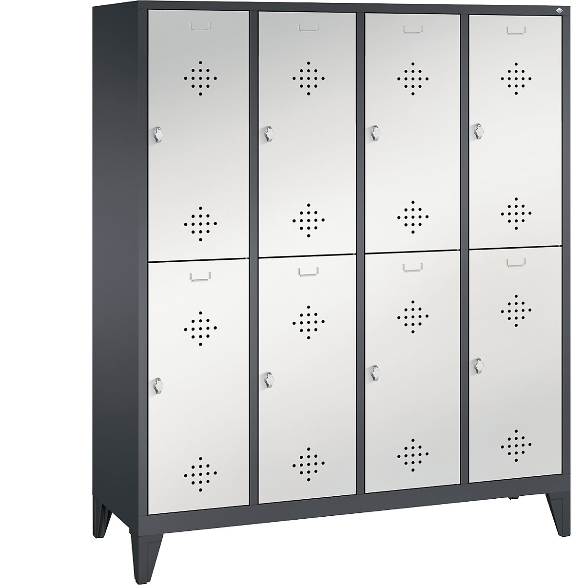 C+P – Armário de vestiário CLASSIC com pés, de dois andares, 4 compartimentos, 2 cacifos cada, largura do compartimento 400 mm, preto acinzentado/cinzento claro