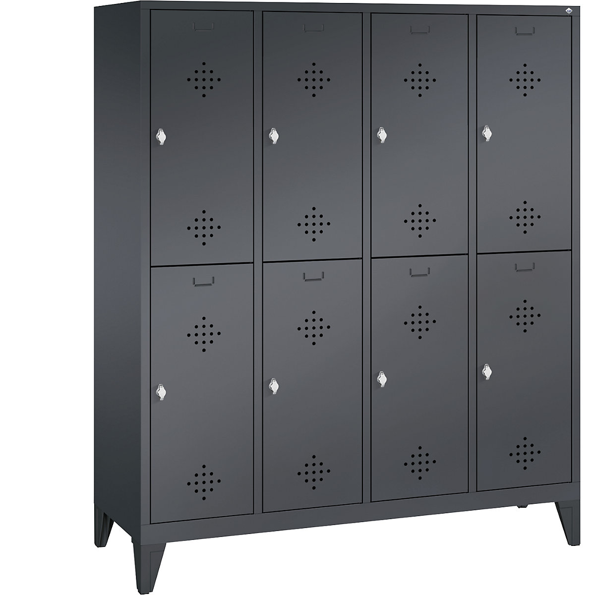 C+P – Armário de vestiário CLASSIC com pés, de dois andares, 4 compartimentos, 2 cacifos cada, largura do compartimento 400 mm, preto acinzentado