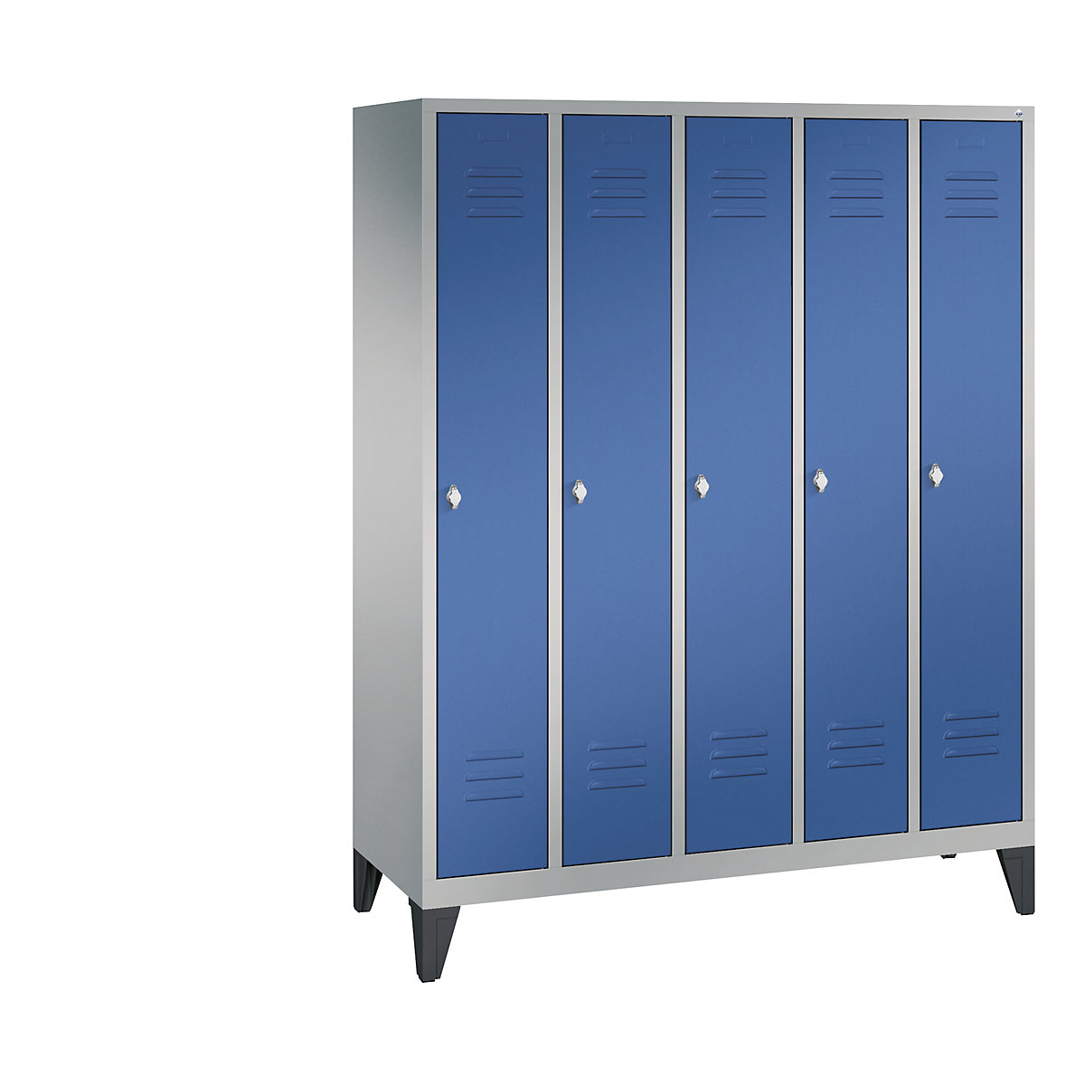 Armário de vestiário CLASSIC com pés – C+P, 5 compartimentos, largura do compartimento 300 mm, cinza alumínio/azul genciana-11