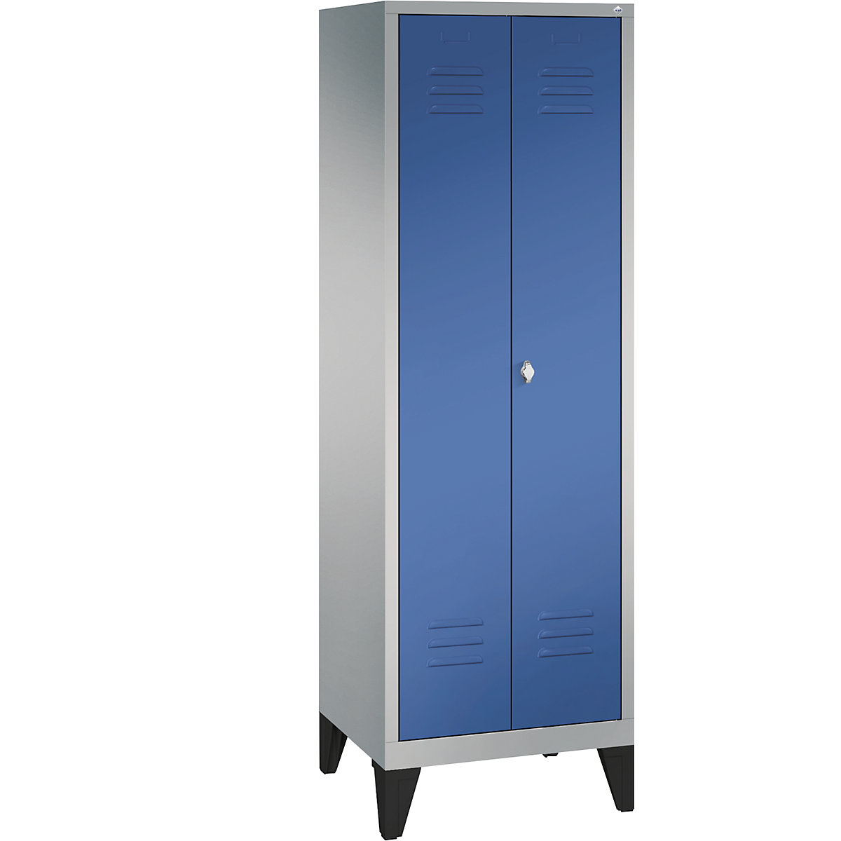Armário de vestiário CLASSIC com pés, portas que fecham na direção uma da outra – C+P, 2 compartimentos, largura do compartimento 300 mm, cinza alumínio/azul genciana-7